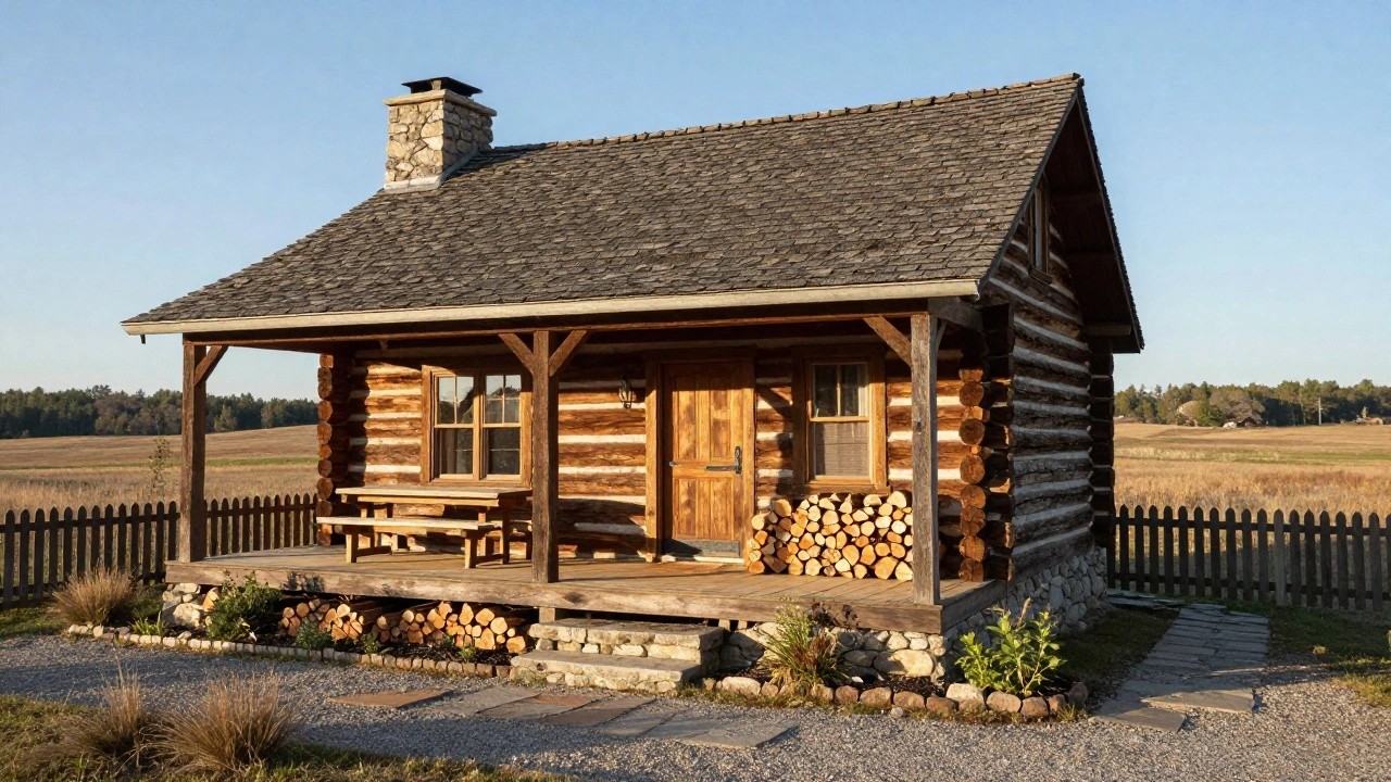 Rustic log cabin exterior with covered front porch, wooden table and benches, stack of firewood, stone chimney, shake roof, and stone path with landscaping.