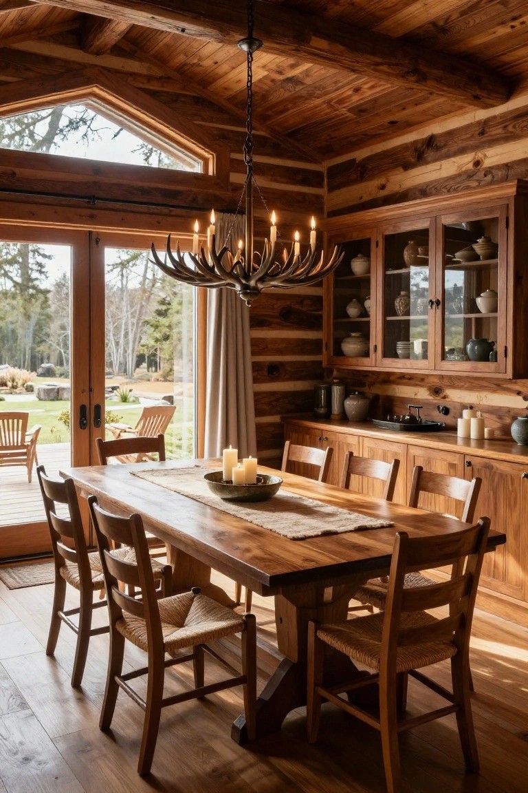 Log cabin interior dining room featuring a long rectangular wooden table with woven chairs, antler chandelier overhead, wooden cabinets with dishware, and large triangular window plus glass doors opening to a deck with Adirondack chairs and wooded landscape.