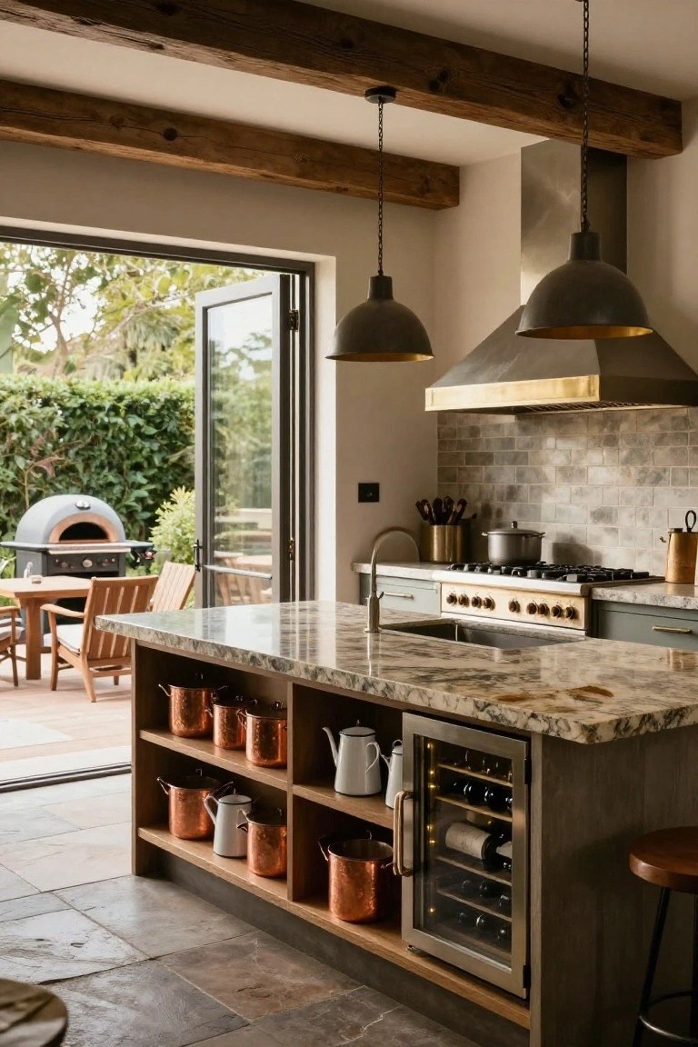 Kitchen interior with wood beam ceiling, large island featuring open lower shelving with copper pots and white pitchers plus a built-in wine cooler, green cabinets, range with pots on cooktop, and sliding doors to outdoor patio with pizza oven and seating.