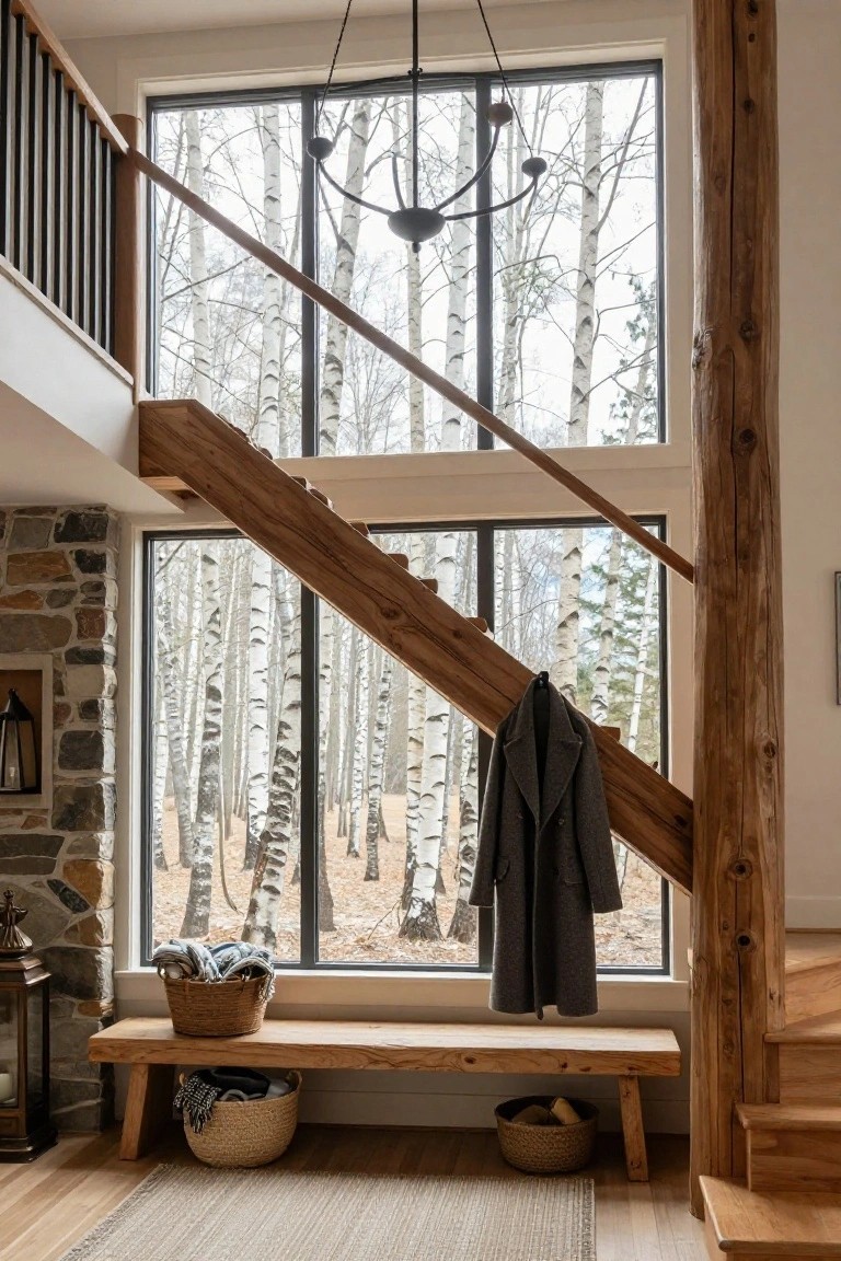 Interior of a wood-beamed cabin entry with open wooden staircase beside tall black-framed windows showing birch trees, stone accent wall, wooden bench with woven baskets, hanging coat on railing, and lanterns nearby.