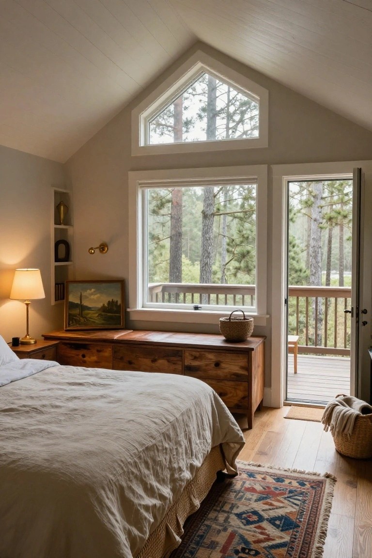 Bedroom interior with vaulted white shiplap ceiling, large triangular window, sliding glass door to wooden deck overlooking pine forest, wooden dresser and bench, lamp, painting, basket, bed with white linens, and patterned rug on hardwood floor.
