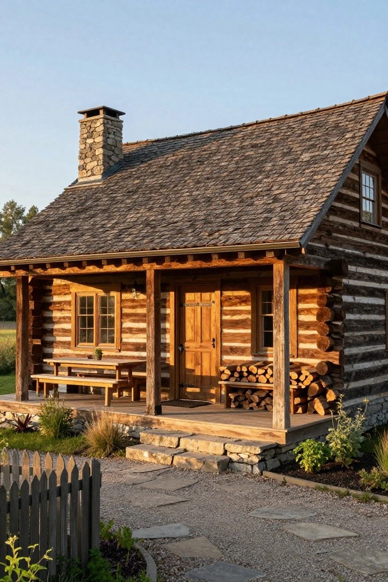 Rustic log cabin exterior with covered front porch, wooden table and benches, stack of firewood, stone chimney, shake roof, and stone path with landscaping.