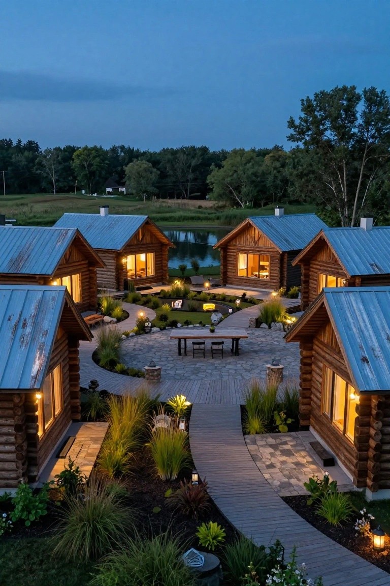 Overhead view at dusk of five wooden log cabins with blue metal roofs arranged in a semicircle around a central courtyard featuring a wooden table with benches, winding boardwalk paths through grasses and plants, lanterns, and a pond in the background.