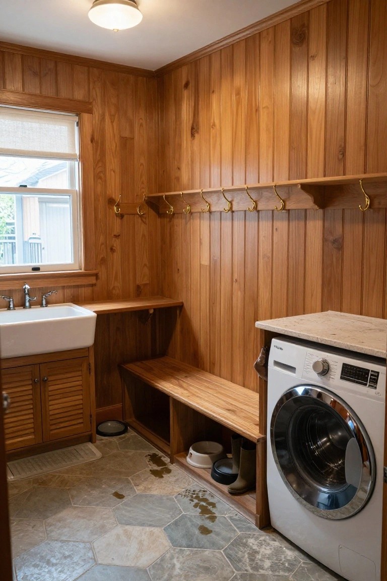 Wood-paneled mudroom interior with a white farmhouse sink, front-loading washing machine on a quartz countertop, built-in wooden bench with shoe storage, brass coat hooks, dog bowls, and rubber boots on hexagonal slate tile floor.