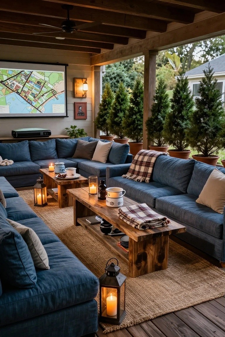 Covered wooden porch with navy blue L-shaped sectional sofas around a wooden coffee table holding mugs, blankets, and lanterns, potted plants nearby, projector screen showing a map on the wall, and trees in the background.