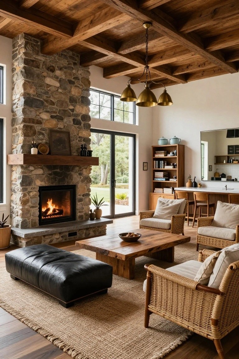 Rustic living room with stone fireplace, wood beams, and woven furniture.