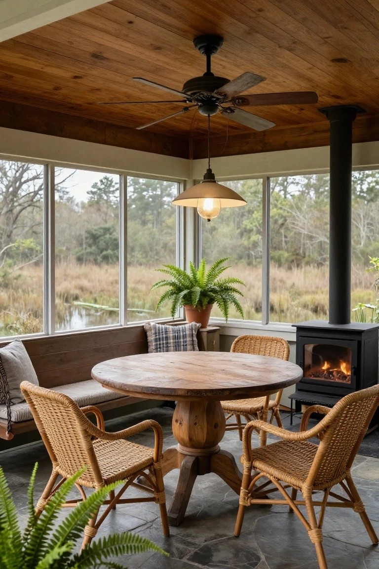 Screened porch interior with round wooden pedestal table, four wicker chairs, built-in bench with cushions, wood-burning stove, potted plants, ceiling fan, pendant light, and large windows showing marsh landscape.