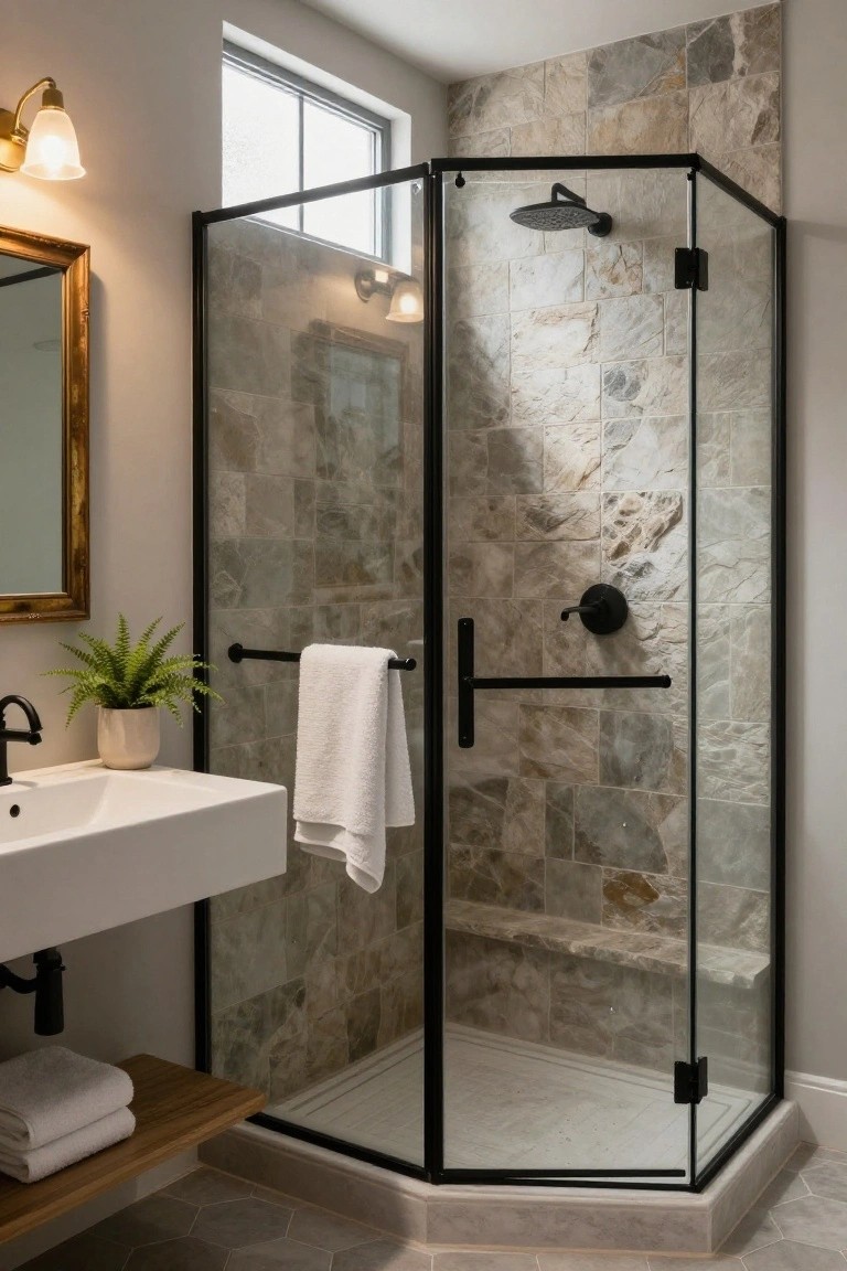 Corner neo-angle glass shower enclosure with black metal frames, interior stone tile walls and built-in bench seat, next to white wall-mounted sink with black faucet, towels on black bar, potted fern plant, wood shelf with towels, and beige hexagonal tile floor in a bathroom.