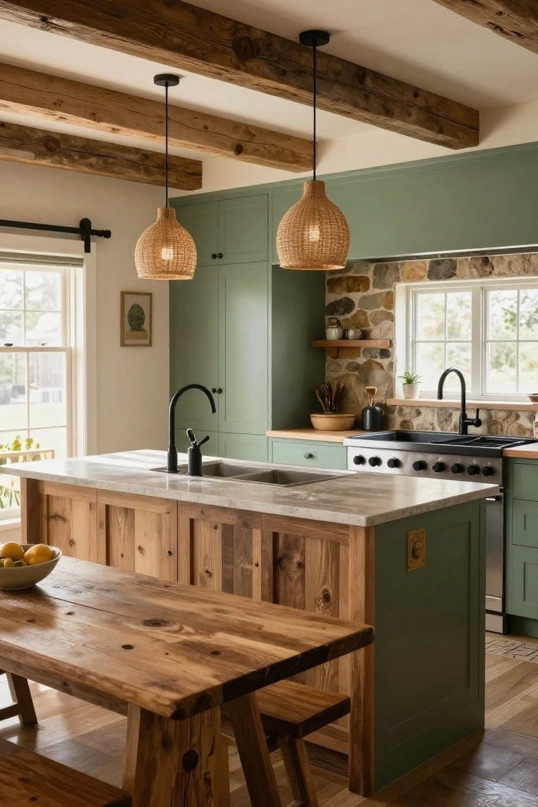 Kitchen interior with sage green cabinets, large wooden island with benches and fruit bowl, rattan pendant lights, stone backsplash, black faucet, and windows overlooking yard.