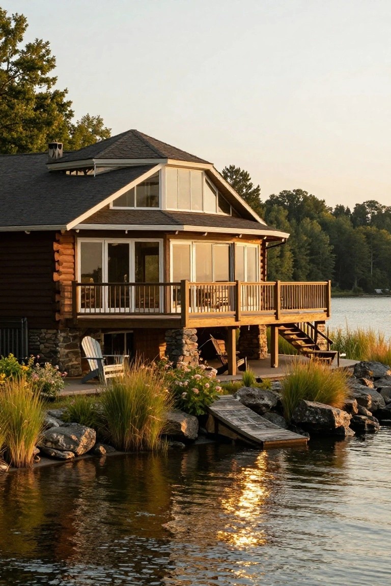 Log cabin exterior with dark wood logs, shingled roof, large glass windows and doors, elevated on a wooden deck above rocky shoreline with stairs to a dock, grasses, and trees beside a lake at sunset.