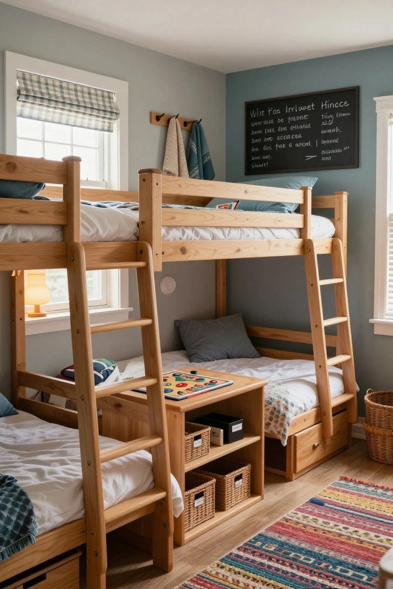 Children's bedroom featuring two wooden bunk bed units against light gray walls, with a chalkboard sign, plaid window shade, game table underneath one bunk, storage drawers, and woven baskets.