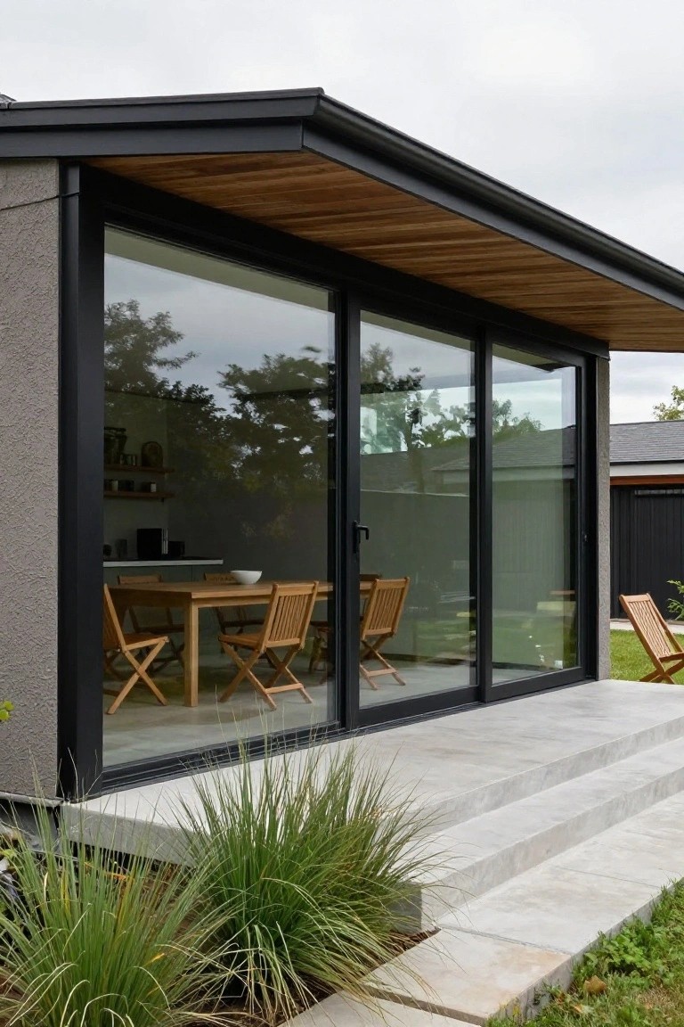Exterior side view of a modern house with large black-framed floor-to-ceiling sliding glass doors, wooden dining table and folding chairs visible inside, concrete steps to a patio edged by ornamental grasses.