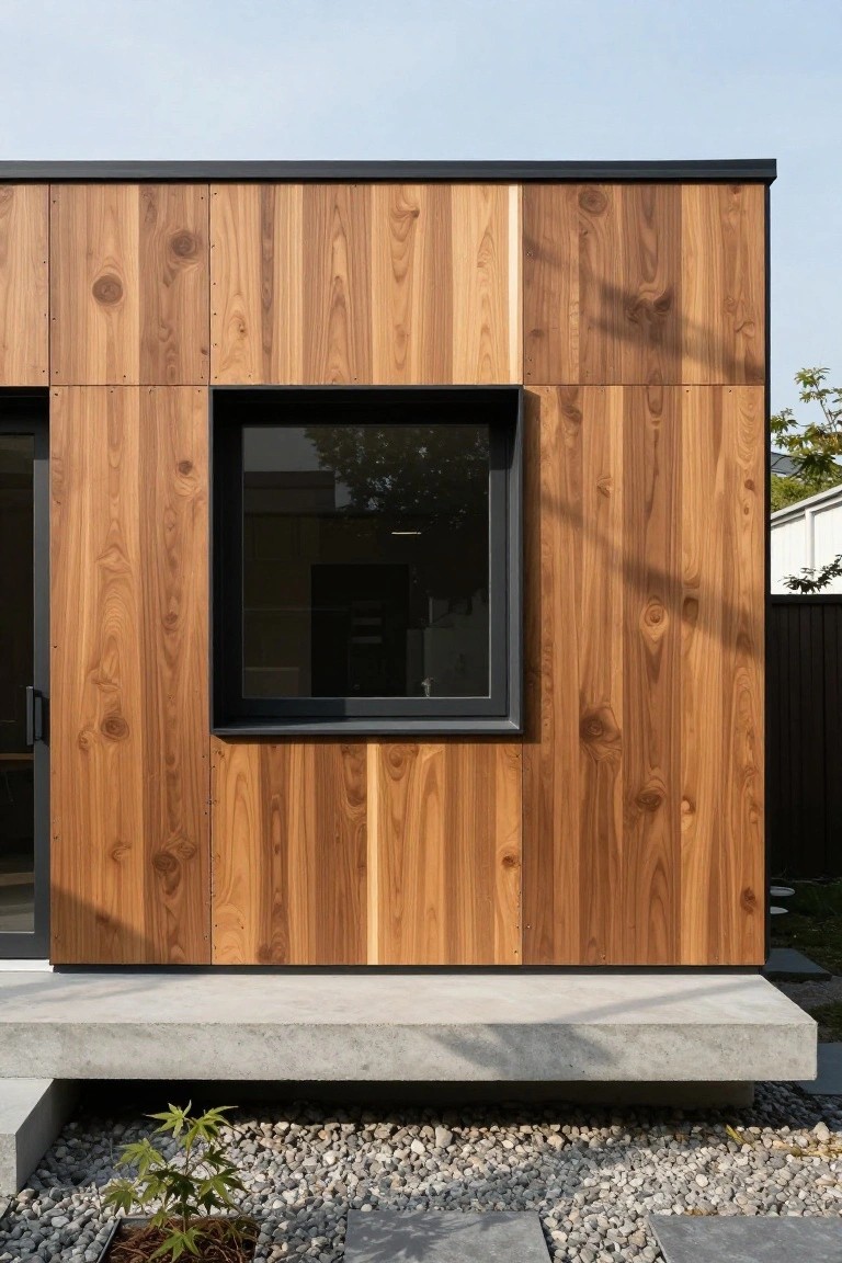 Exterior side wall of a modern house clad in vertical dark-stained wood panels with knots, featuring a tall narrow black-framed window and adjacent black-framed sliding glass door on a concrete base, surrounded by gravel and a small potted plant.