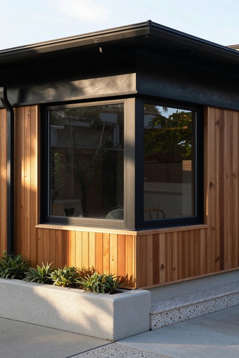 Corner detail of a house exterior with vertical cedar wood cladding, a large black-framed corner window, a concrete planter box with agave plants, and aggregate concrete steps.