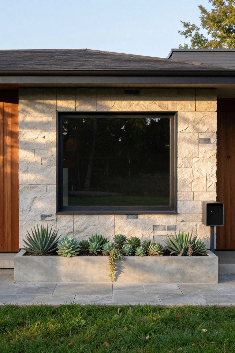 Exterior of a modern house showing a large black-framed square window in a beige stone wall, flanked by wooden doors, a concrete planter box filled with succulents and agaves, a black mailbox, and a gray paver path leading to green lawn.