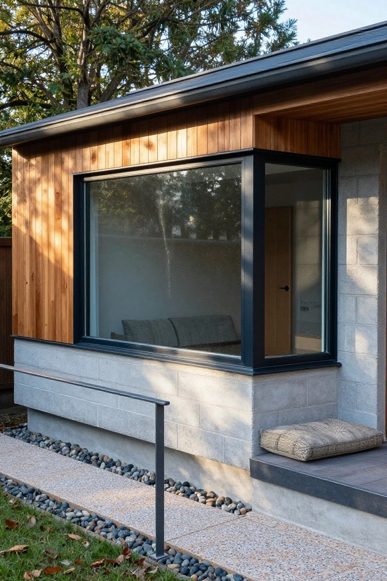 Modern house exterior with a large black-framed corner window protruding from wood-clad wall over concrete block base, beside a pebble-edged path and grass lawn.