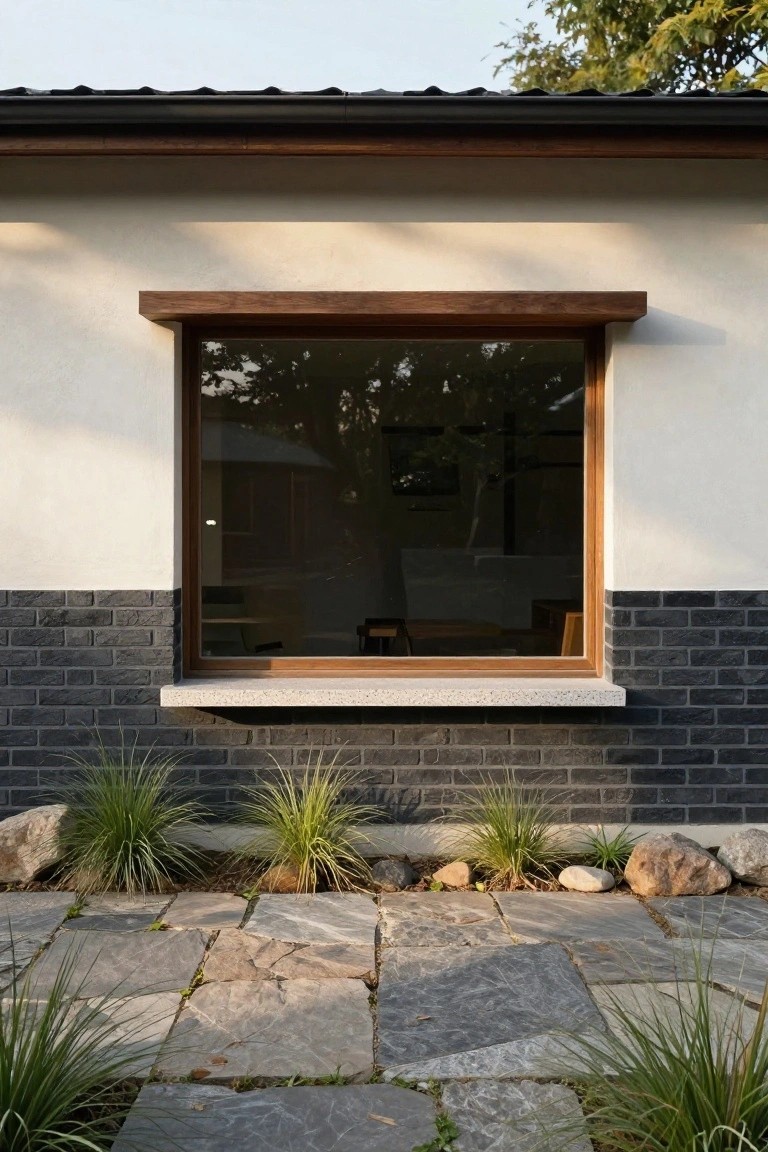 Modern house window with dark wood frame above stone patio and plants.