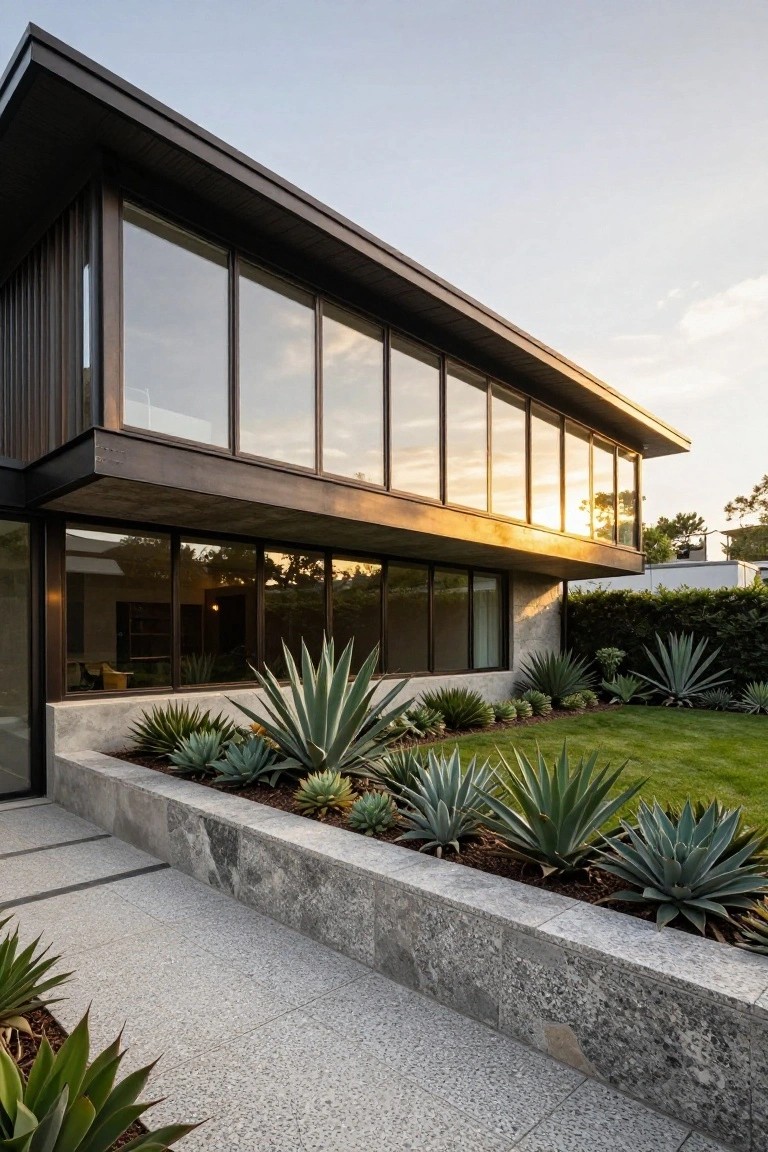 Modern house exterior with large floor-to-ceiling windows wrapping around a corner, dark timber cladding, concrete details, raised beds of agave plants, grass lawn, and stone pathway.