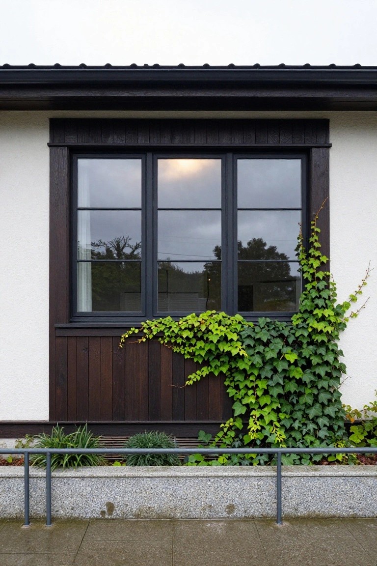 White stucco house exterior with a large three-panel black-framed window in dark wood cladding, green ivy climbing the right side of the frame, low plants and a metal railing along a gravel base on a paved walkway.
