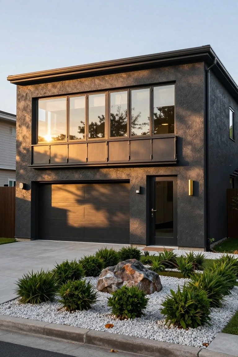 Modern two-story house exterior with dark stucco cladding, large horizontal array of six fixed windows on upper level above a metal balcony, closed garage door, side entry door, and front gravel yard with low shrubs and boulder accents.