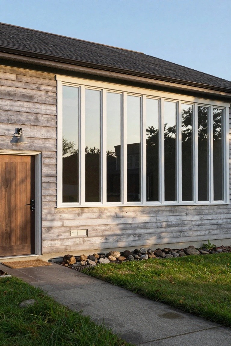 Side exterior of a wood-shingled house with a large horizontal bank of seven tall narrow windows next to a wooden door, concrete walkway, gravel bed, and grass lawn.