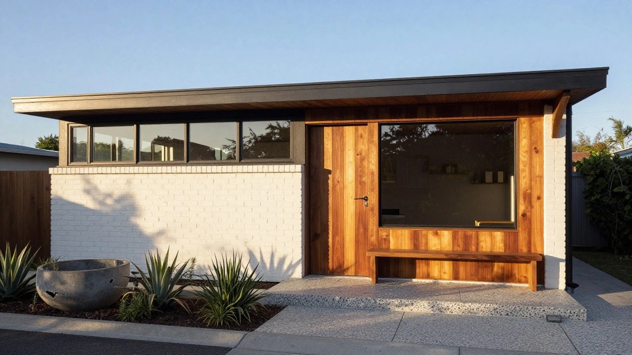 White brick house exterior with black roof overhang, vertical slat wooden front door, adjacent large wood-framed window with built-in bench below, concrete steps, and agave plants in the front yard.