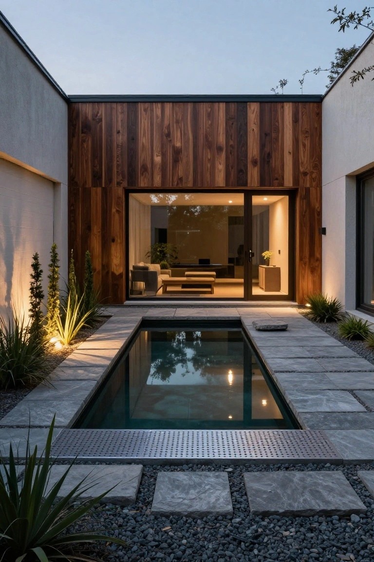 Modern house courtyard at dusk with wood-clad wall and large floor-to-ceiling sliding glass doors revealing interior living space next to a narrow rectangular pool edged in metal grating, stone pavers, and low plants.