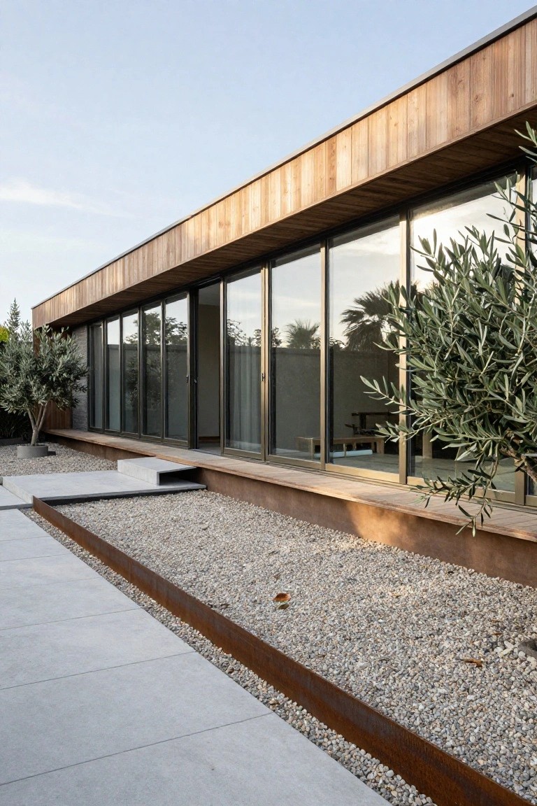 Side exterior of a modern house with horizontal cedar wood cladding and a long row of floor-to-ceiling sliding glass doors, adjacent to gravel landscaping, concrete steps, corten steel edging, and olive trees.