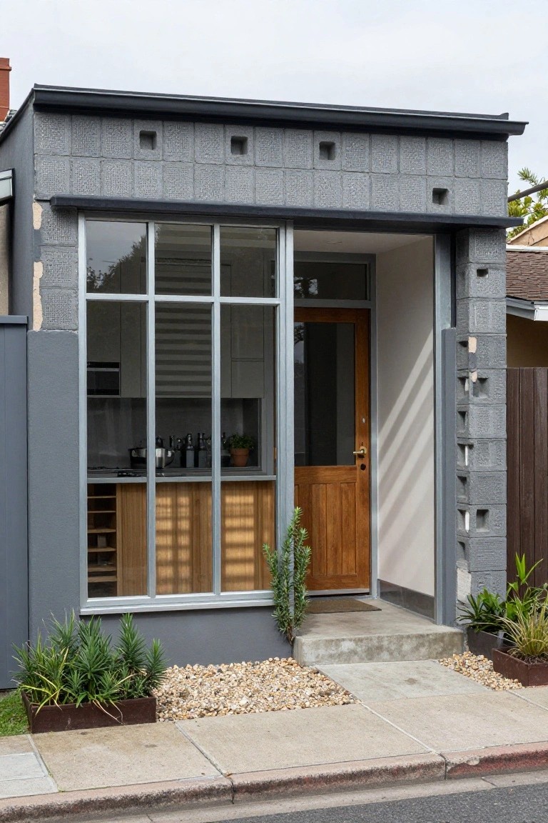 Gray concrete block house facade with large multi-pane windows revealing a white kitchen interior, wooden front door under a covered entry, concrete steps, potted plants, and gravel ground cover.