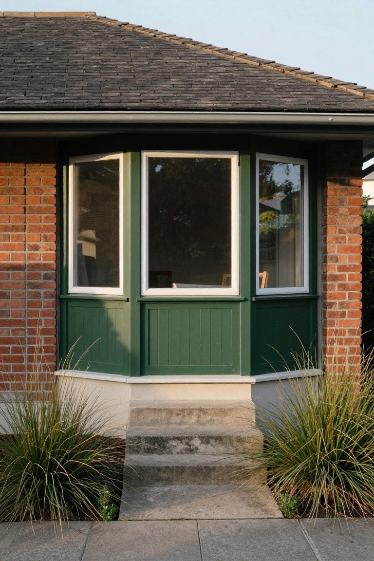 Brick house exterior with a protruding bay window painted deep green, white interior window frames, flanked by ornamental grasses and concrete entry steps.