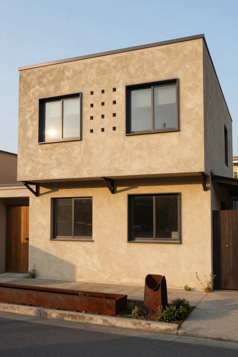 Beige stucco house exterior featuring sliding glass windows with dark frames, a grid of small square perforations on the upper facade, wooden entry door, rusted metal pipe sculptures, and low planting along the front path.