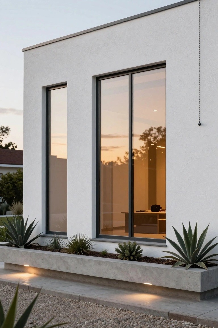 White stucco house exterior featuring two tall narrow black-framed windows reflecting sunset, with agave plants in a concrete planter box and ground lights along a paved path.