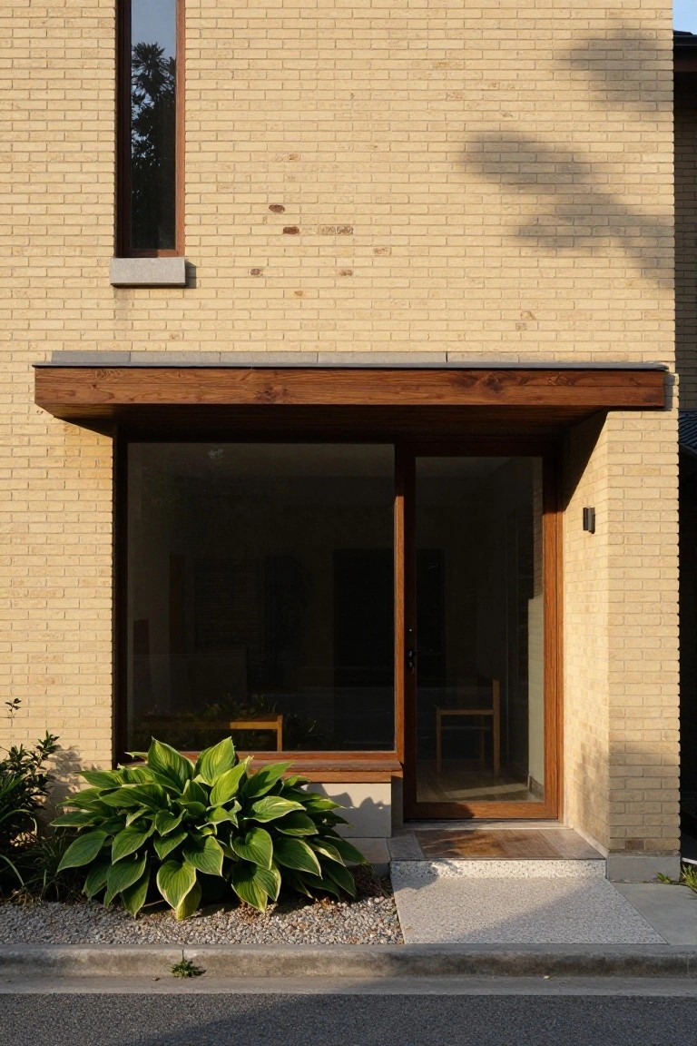 Beige brick house exterior with tall narrow wood-framed window beside a large glass entry door under a wooden canopy, flanked by hosta plants and a gravel path leading to stone steps.