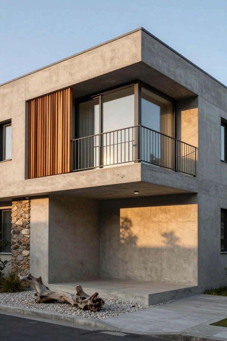 Corner view of a modern concrete house with a cantilevered balcony featuring vertical wood slats over large glass sliding doors, black metal railing, stone base, open carport, and driftwood with pebbles in the front yard.