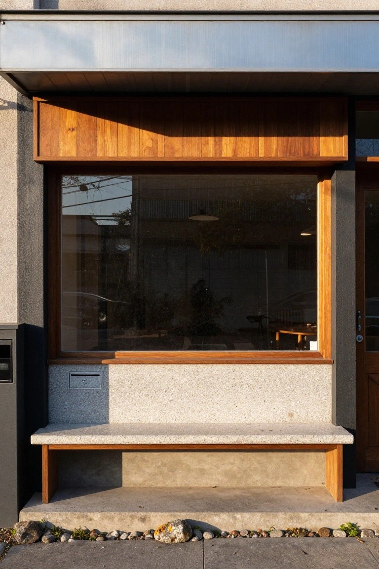 Exterior of a mid-century modern house showing a large wooden-framed picture window with a wide stone bench below it, wooden entry door to the right, and gravel path at the base.