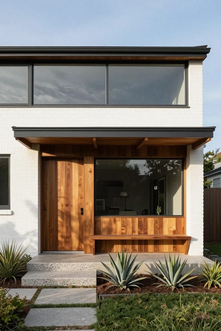 White brick house exterior with black roof overhang, vertical slat wooden front door, adjacent large wood-framed window with built-in bench below, concrete steps, and agave plants in the front yard.