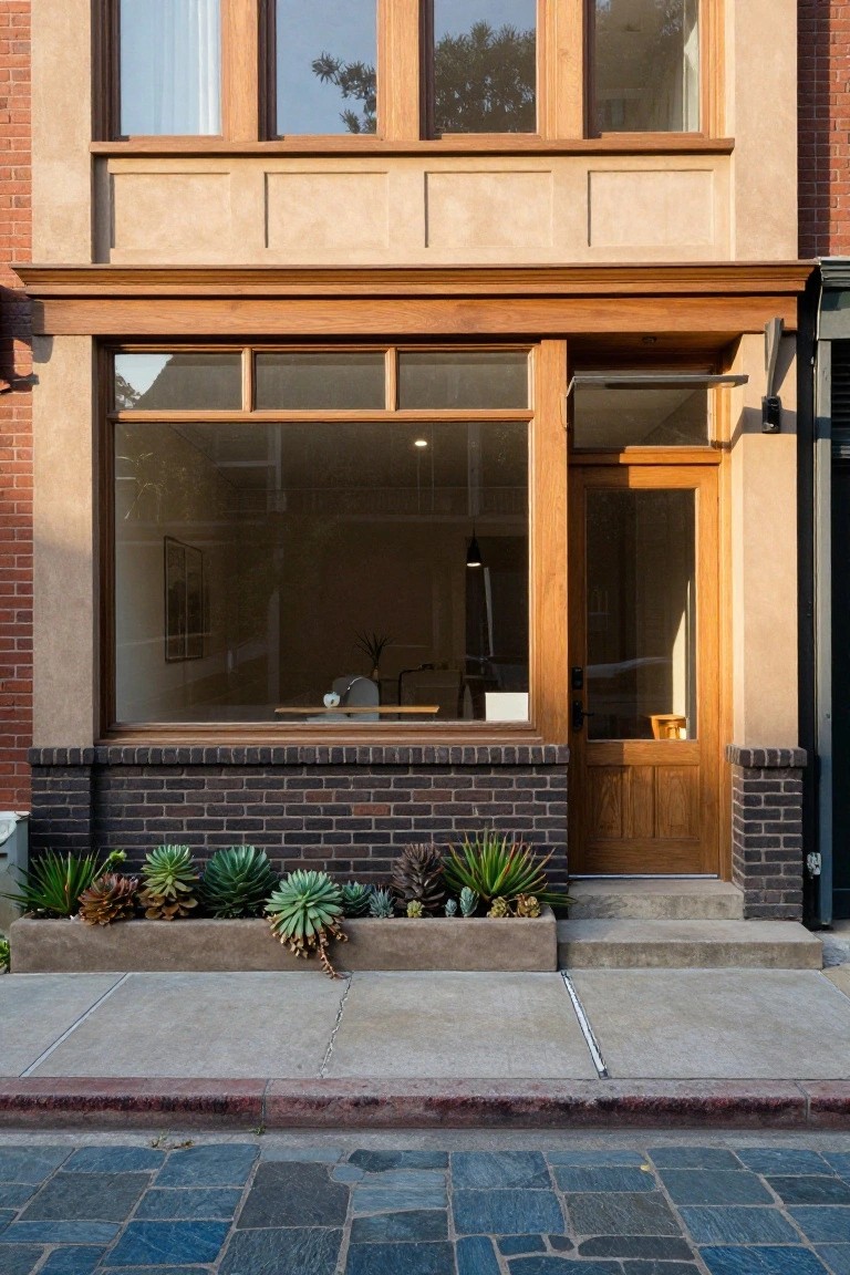 Front exterior of a two-story brick house with large horizontal wood-framed windows, wooden entry door, pendant light inside, and succulent plants in concrete planters along the sidewalk.