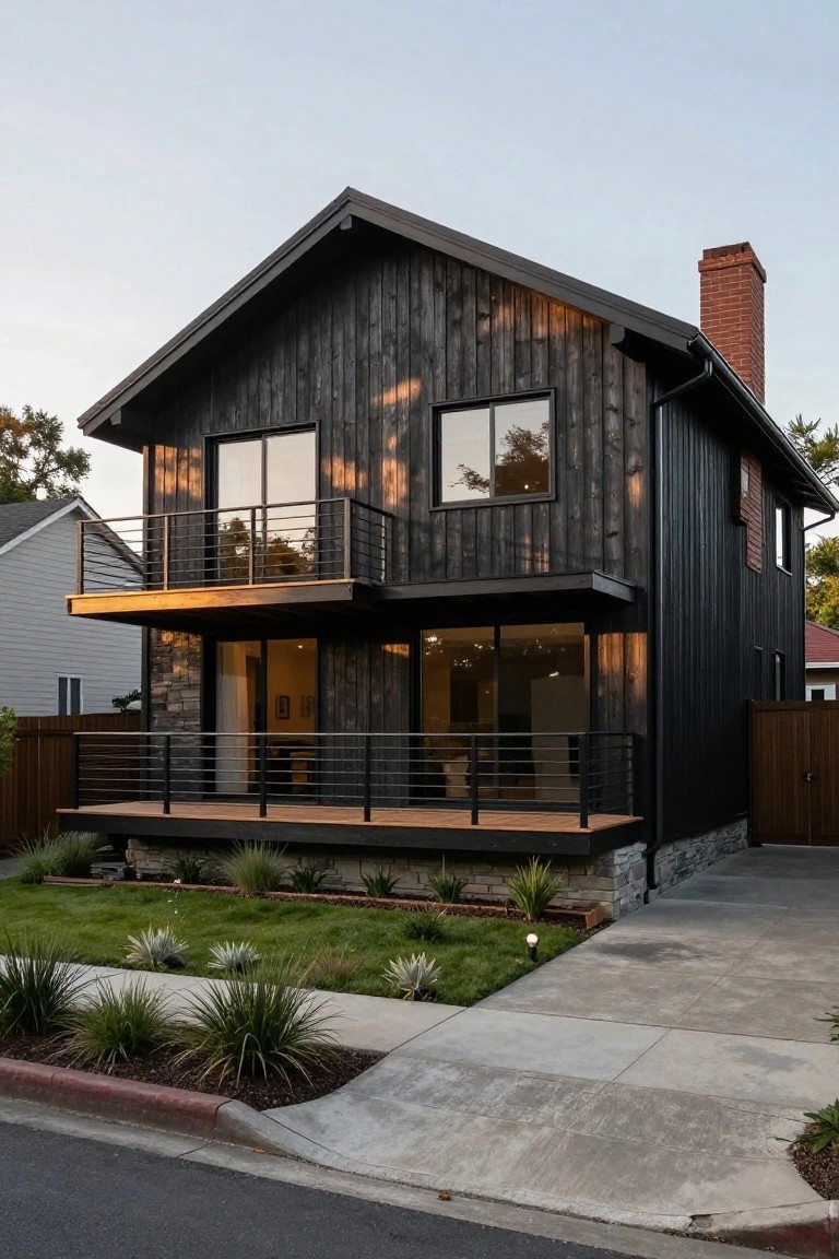 Two-story modern house with dark charred wood siding, large windows, metal-railed cantilevered balcony, brick chimney, stone base, and front yard landscaping along a concrete driveway.