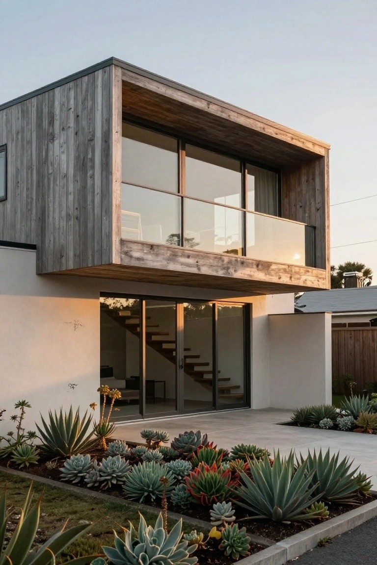 Two-story modern house exterior featuring dark vertical wood cladding on a cantilevered upper level with glass balcony, white stucco base, glass entry doors with stairs, and succulent plantings in front garden beds.