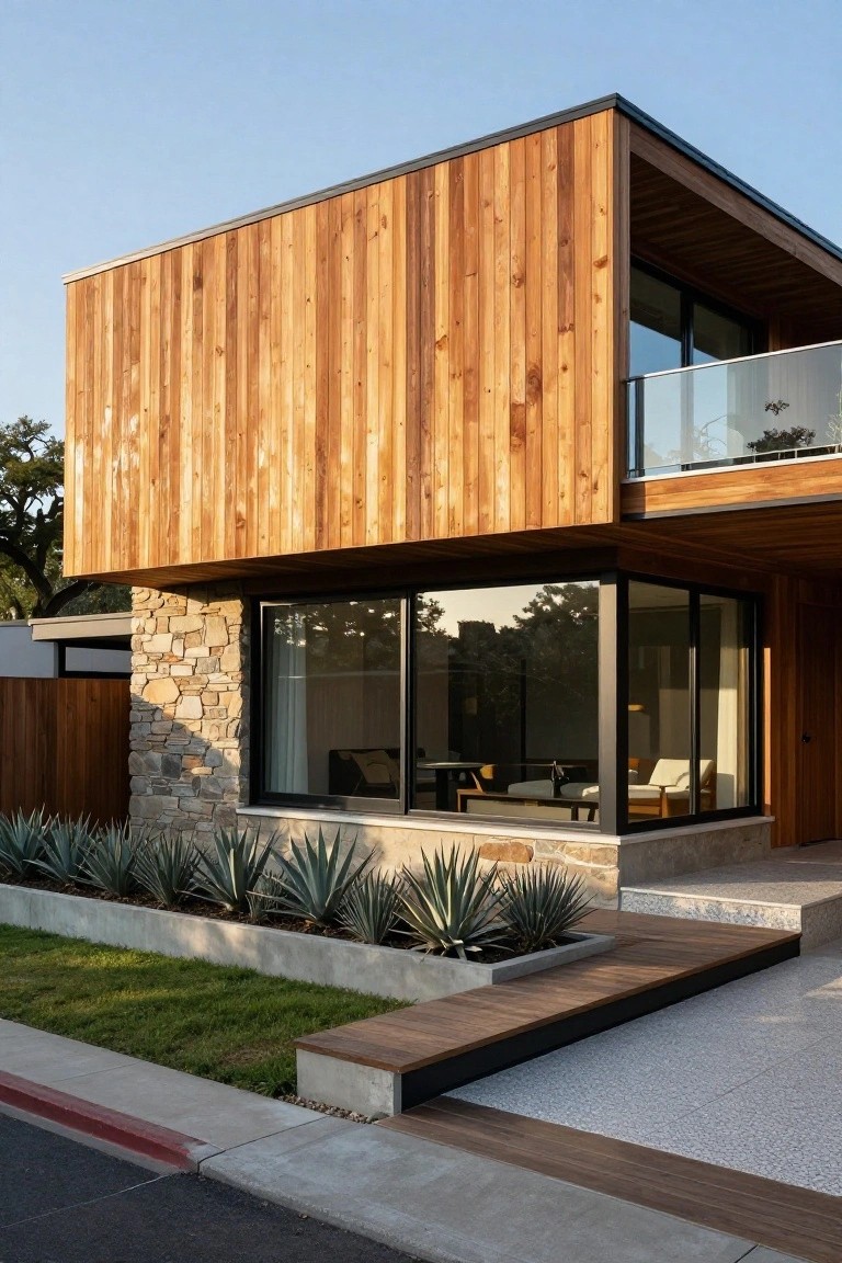 Modern wooden home with stone base, large windows, and agave plants.