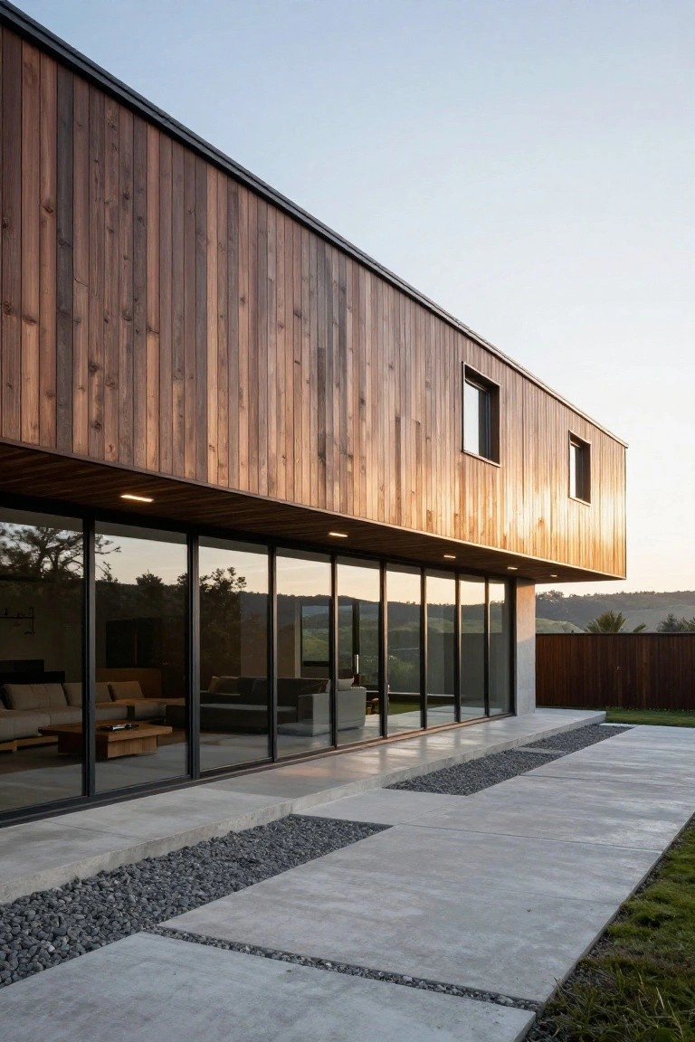 Two-story modern house with dark vertical wood cladding on most of the facade, large floor-to-ceiling glass walls, cantilevered upper section, concrete patio with gravel strips, and surrounding hills at dusk.