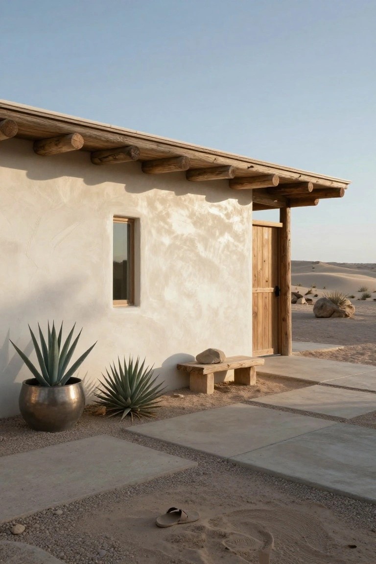Side view of a small adobe house in a desert landscape with exposed wooden log beams along the roof eaves, wooden door and window, potted agave plants, stone bench on concrete pavers, rocks, and distant sand dunes.