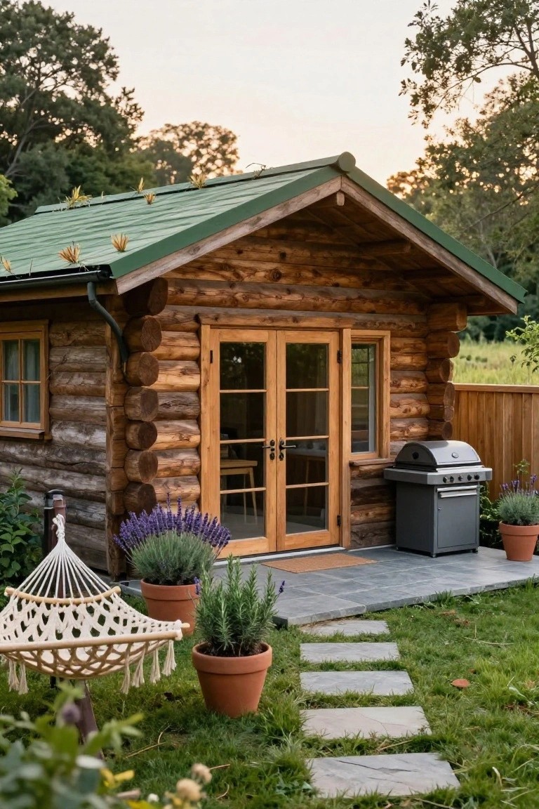 Small log cabin with wooden log walls, green metal roof, open double glass doors, potted plants including lavender and rosemary, hammock, and gas grill on a stone patio surrounded by grass and trees at dusk.