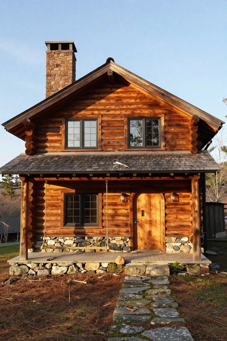 Front view of a two-story log cabin with golden wood logs, stone foundation and chimney, covered porch with hanging wooden swing, arched entry door, black-framed windows, and stone path in a wooded setting.