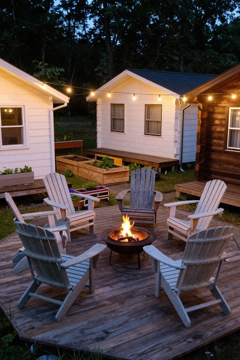 Octagonal wooden deck with white and gray Adirondack chairs arranged around a central metal fire pit with burning flames, small cabins and raised garden beds nearby, string lights strung above at dusk.