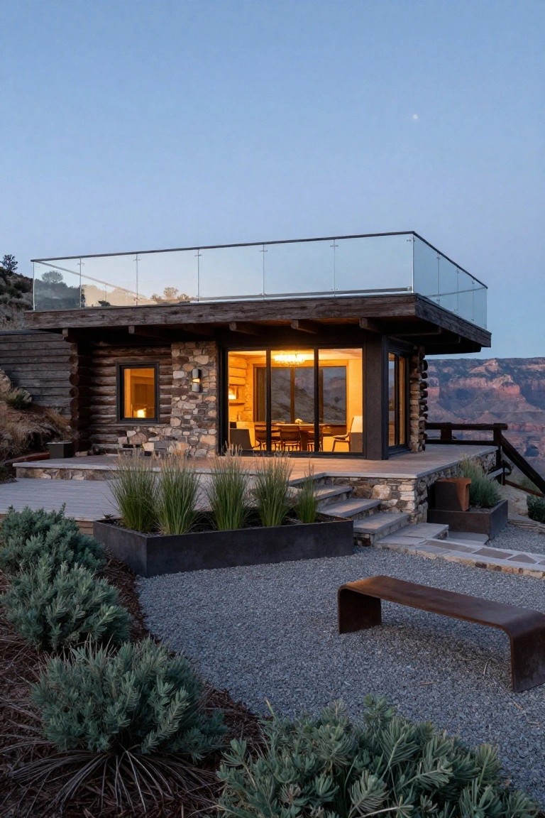Modern log cabin exterior with wooden logs, stone base, large glass doors and windows, upper cantilevered deck with glass railings, overlooking red rock canyon at dusk, surrounded by gravel path, metal planters with grasses, and a metal bench.