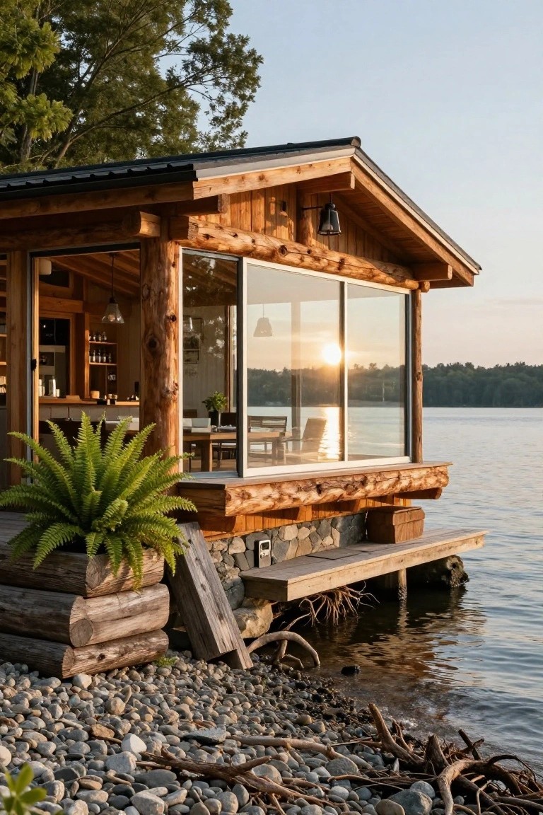Wooden log cabin exterior with large sliding glass windows overlooking a calm lake, wooden deck extending to the water, surrounded by pebbles, driftwood, and ferns.
