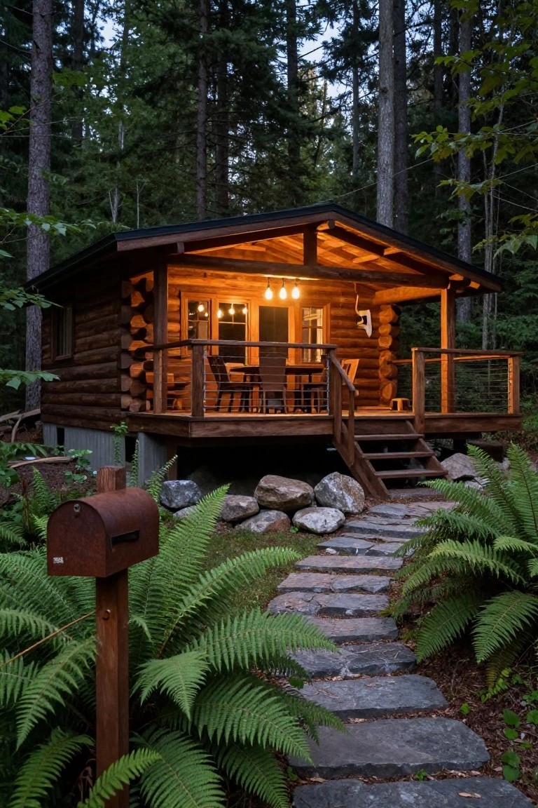 Rustic log cabin exterior at dusk in a forested setting, with a covered wooden porch deck furnished with a table and chairs, pendant lights, a cable railing, steps leading to a flagstone path through ferns, and a rusty mailbox beside the path.