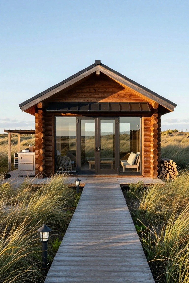 Small log cabin with round timber walls, black metal roof, and large black-framed glass doors facing dune grasses, with a wooden boardwalk path and lanterns leading to the entrance.