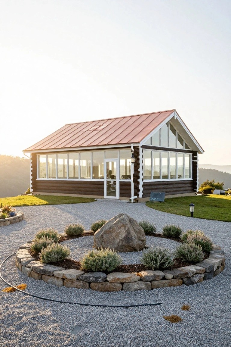 A log cabin-style pavilion with dark wood walls, white trim, large glass windows and door, and red metal roof, positioned on gravel paving beside a circular stone-edged garden containing a large boulder and lavender plants, with grassy areas and hills visible in the background at sunset.